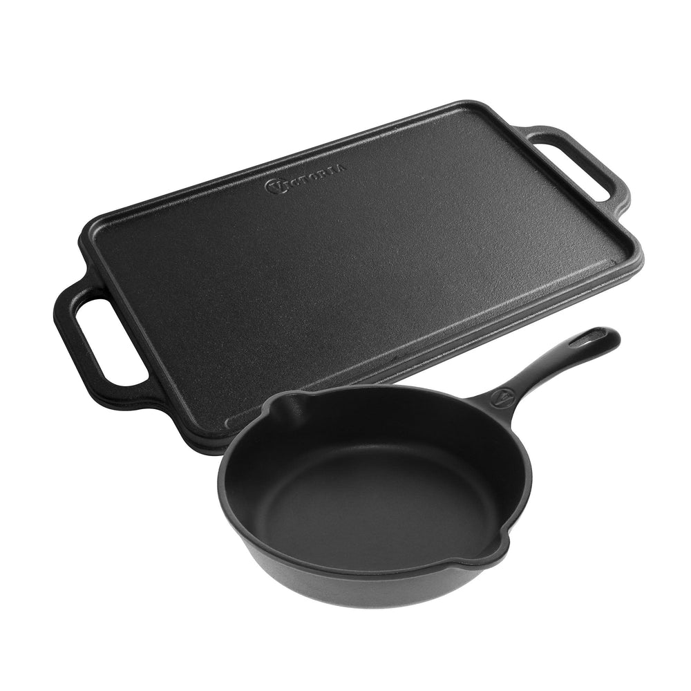 Kit plancha 33 × 21 cm + sartén 20 cm – hierro fundido curado