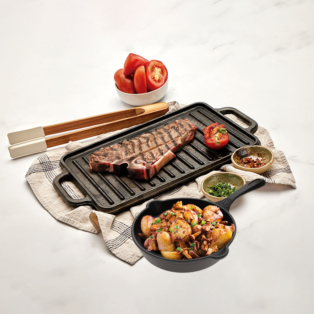 Kit plancha 33 × 21 cm + sartén 20 cm – hierro fundido curado