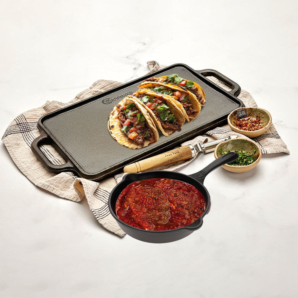 Kit plancha 33 × 21 cm + sartén 20 cm – hierro fundido curado