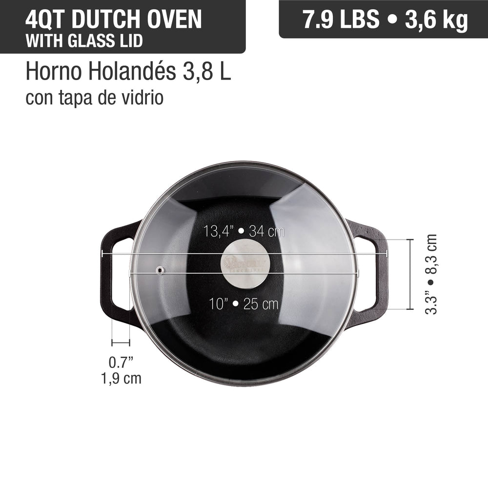 Olla dutch oven 3.8 L con tapa de vidrio – hierro fundido curado