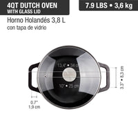 Olla dutch oven 3.8 L con tapa de vidrio – hierro fundido curado